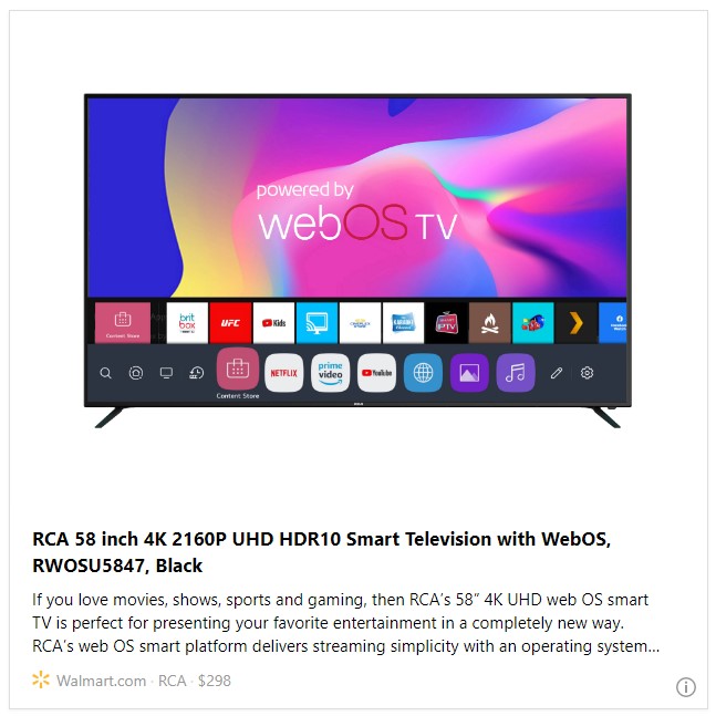 RCA 58 inch 4K 2160P UHD HDR10 Smart Television with WebOS, RWOSU5847, Black