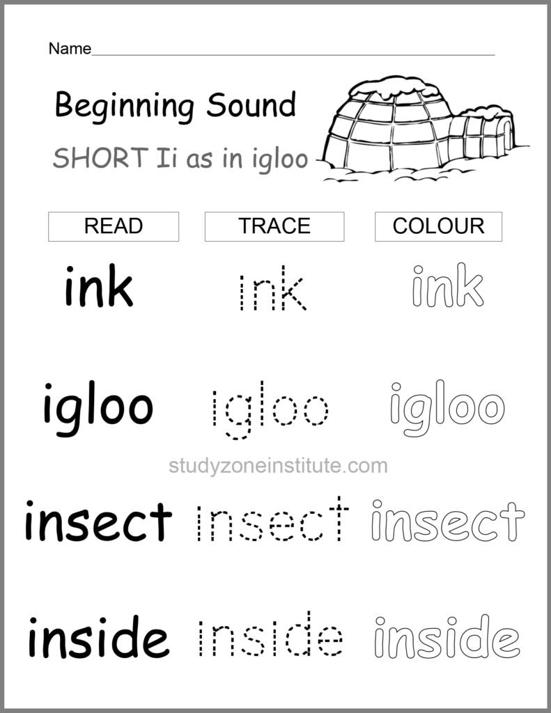 Beginning sound i: Download free worksheets, trace, colour short and