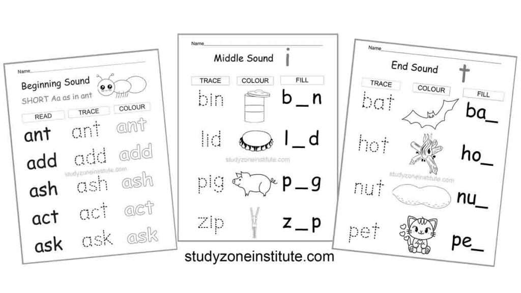 Beginning Middle End Sounds worksheets.