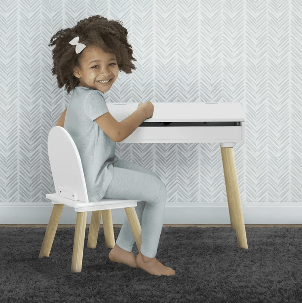 Delta Children Ollie Lift-Top Desk and Chair for Toddlers, Greenguard Gold, Bianca White/Natural