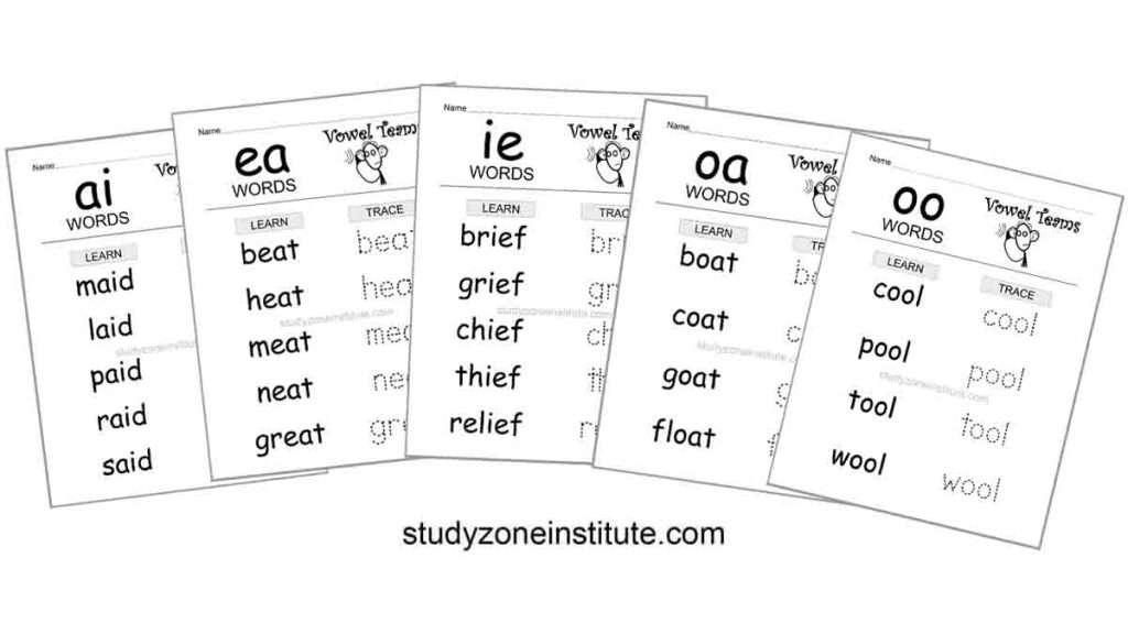 Free vowel team worksheets. Vowel digraphs.