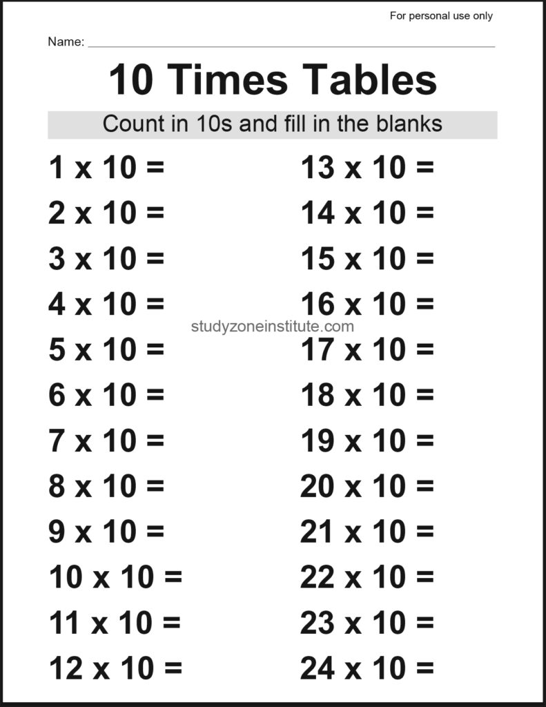 10 Times Tables Worksheet