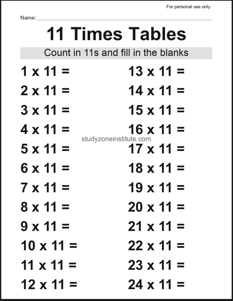 11 Times Tables Worksheet