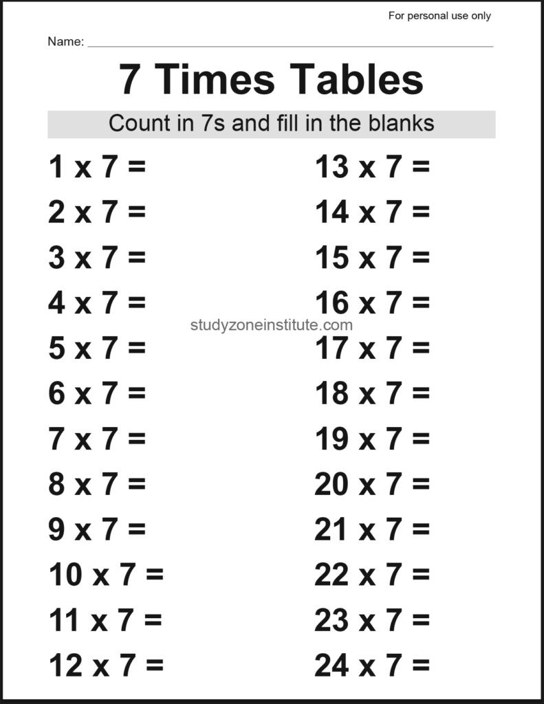 7 Times Tables Worksheet