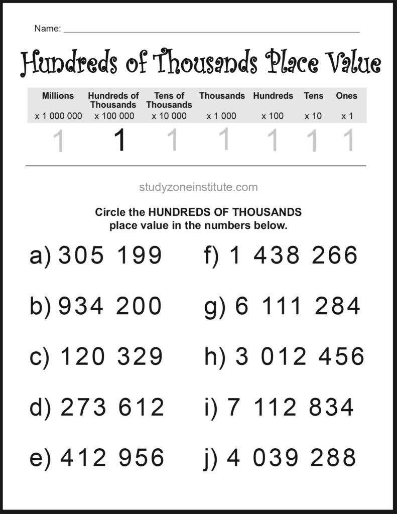Hundreds of Thousands Place Value Circle Worksheet