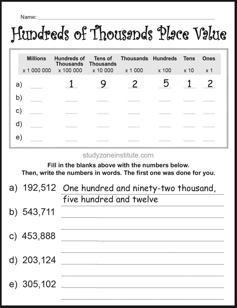 Hundreds of Thousands Place Value Fill Blanks Worksheet