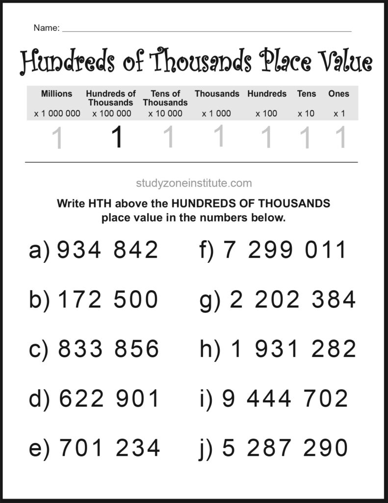 Hundreds of Thousands Place Value Write HTH Worksheet