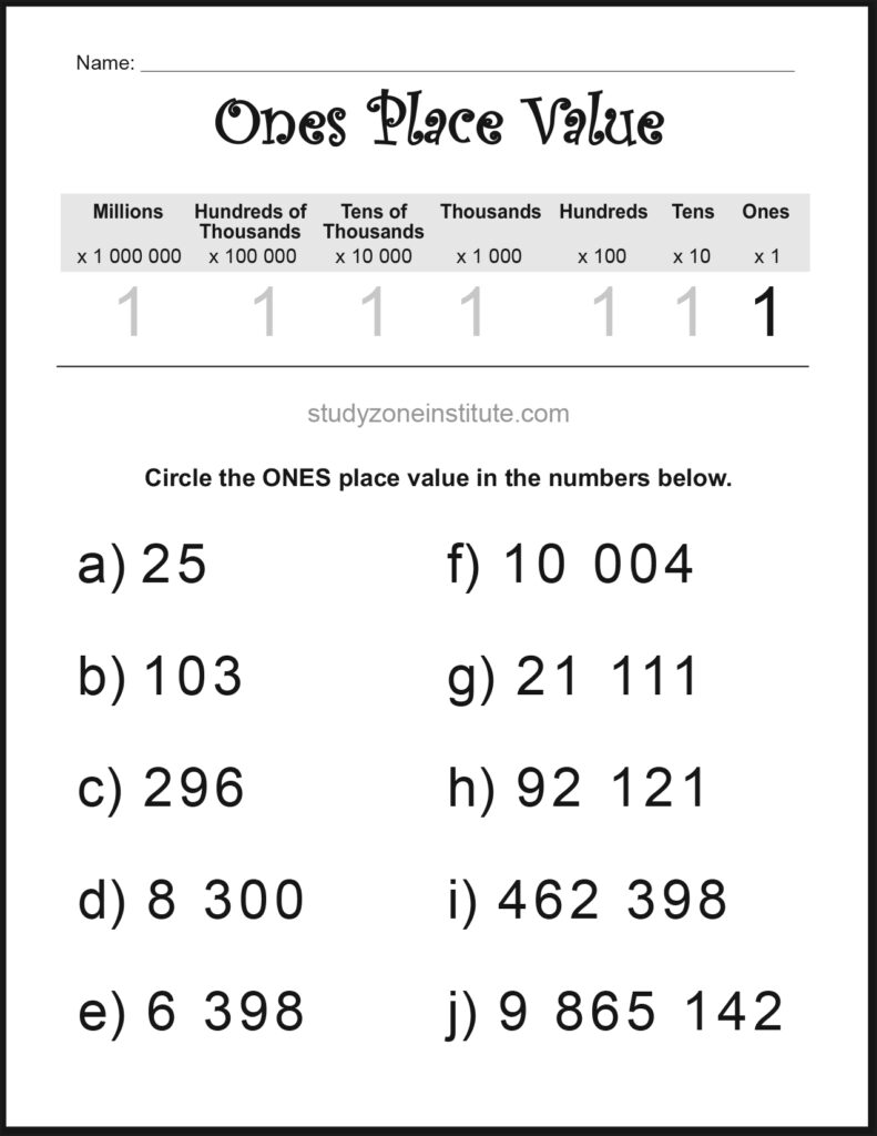 Ones Place Value Circle Worksheet