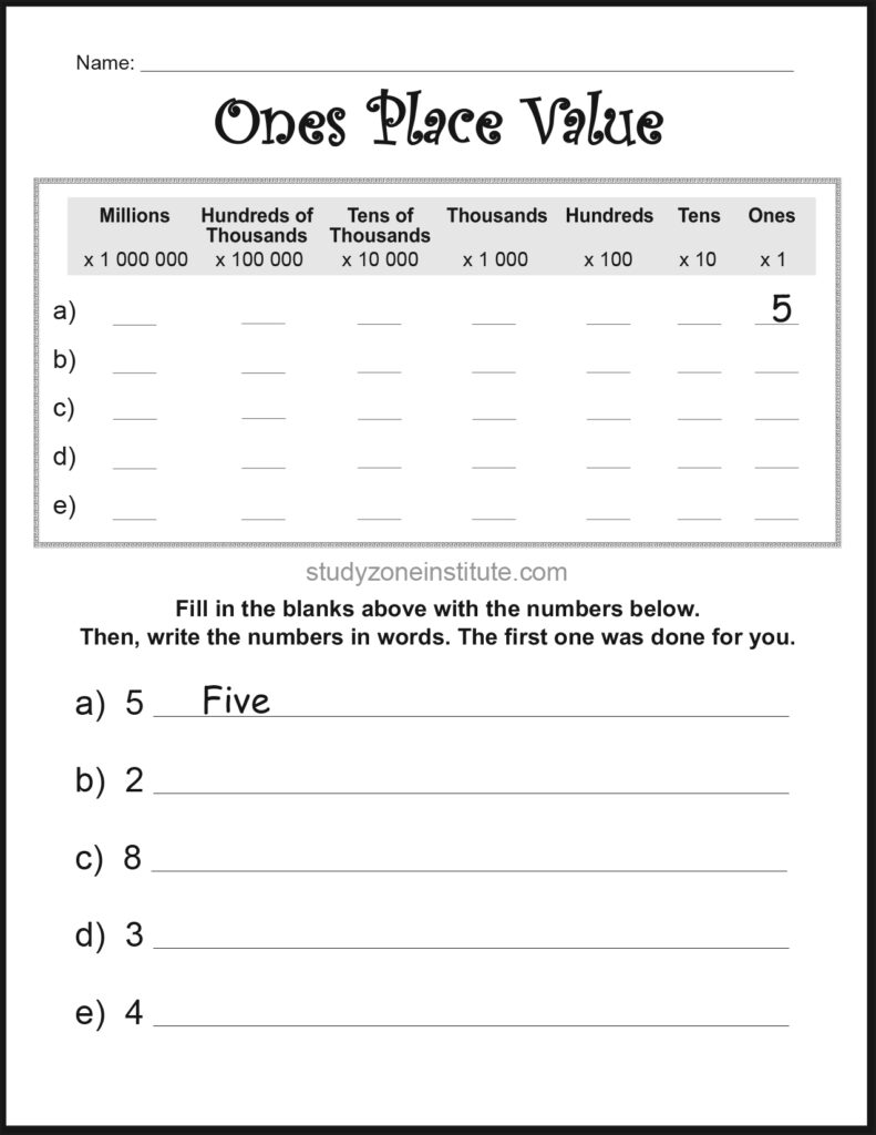 Ones Place Value Fill Blanks Worksheet 