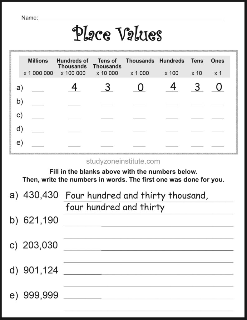 Place Values Hundreds of Thousands Worksheet