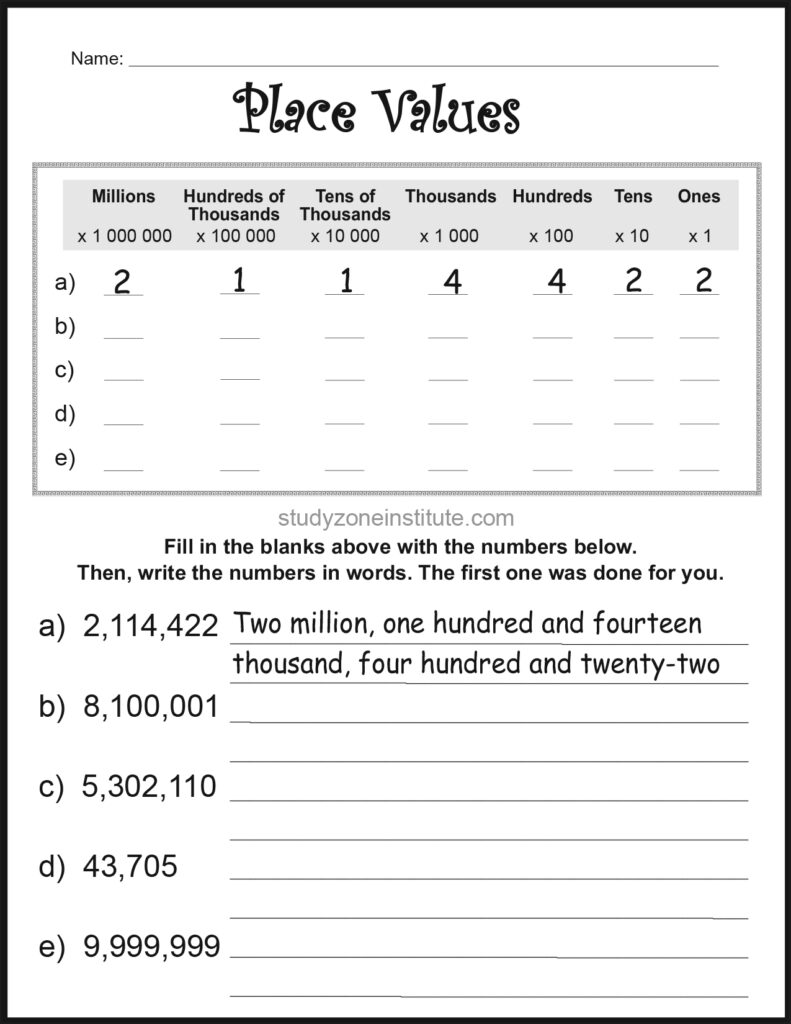 Place Value Millions Worksheet