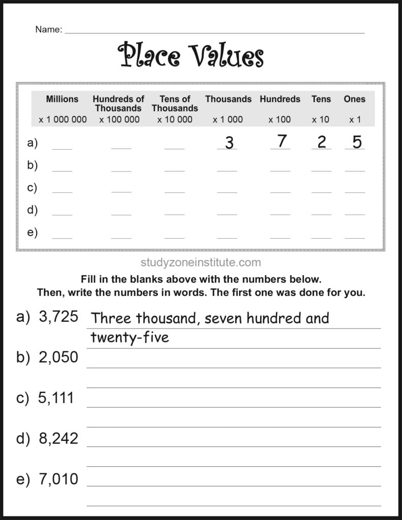 Place Values Thousands Worksheet