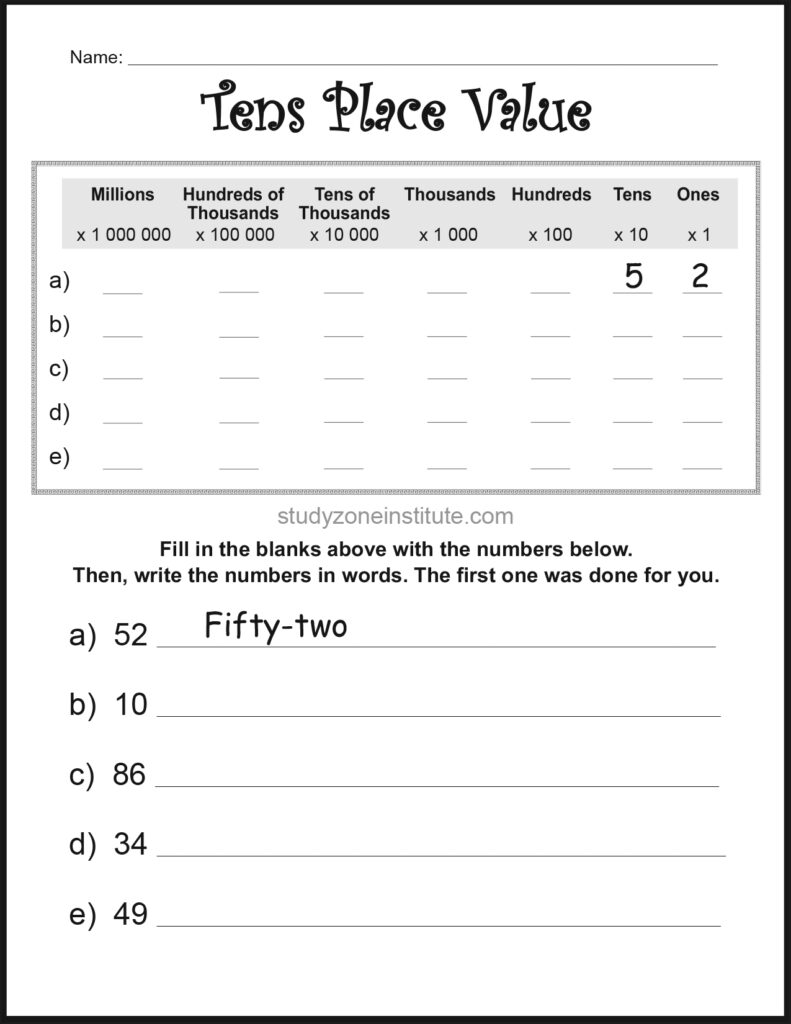 Tens Place Value Fill Blanks Worksheet