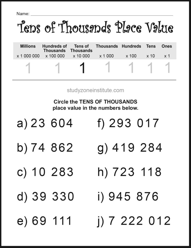 Tens of Thousands Place Value Circle Worksheet