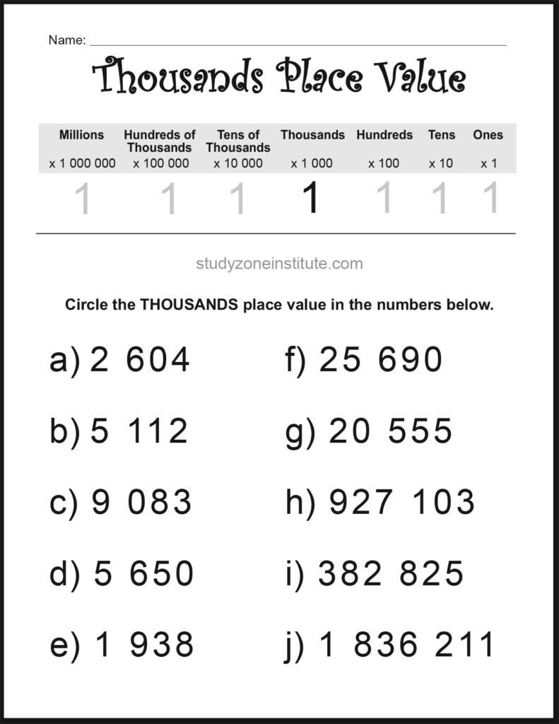Thousands Place Value Circle Worksheet