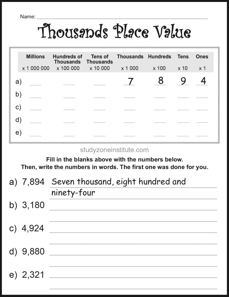 Thousands Place Value Fill Blanks Worksheet 